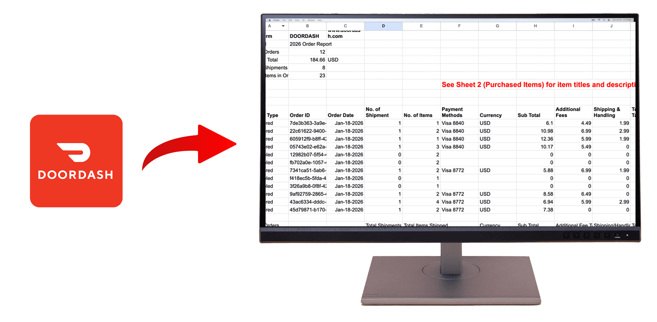 Export DoorDash orders to Excel for business meal expenses